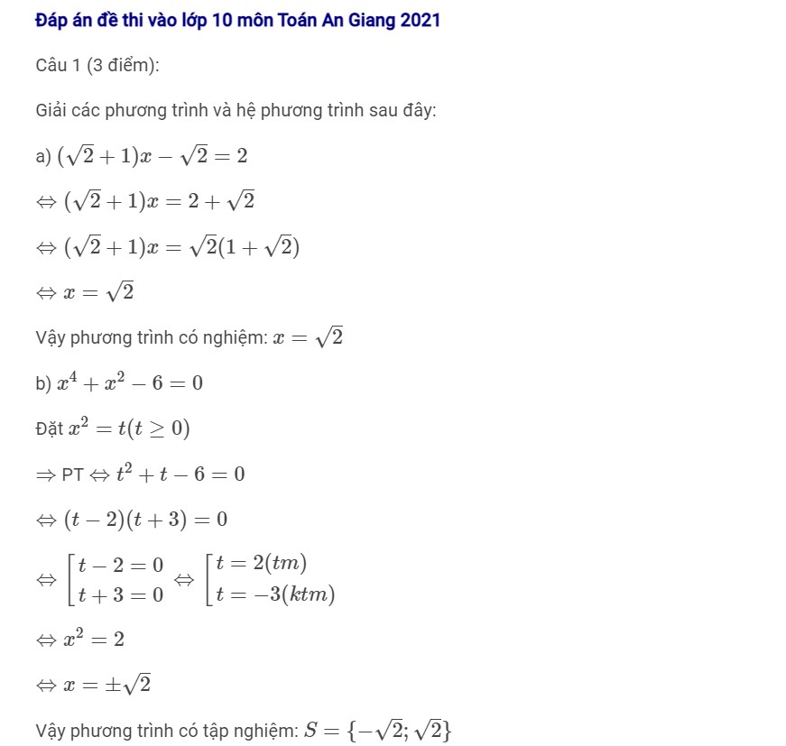 Đáp án đề thi tuyển sinh lớp 10 môn Toán An Giang 2021 (trang 1)