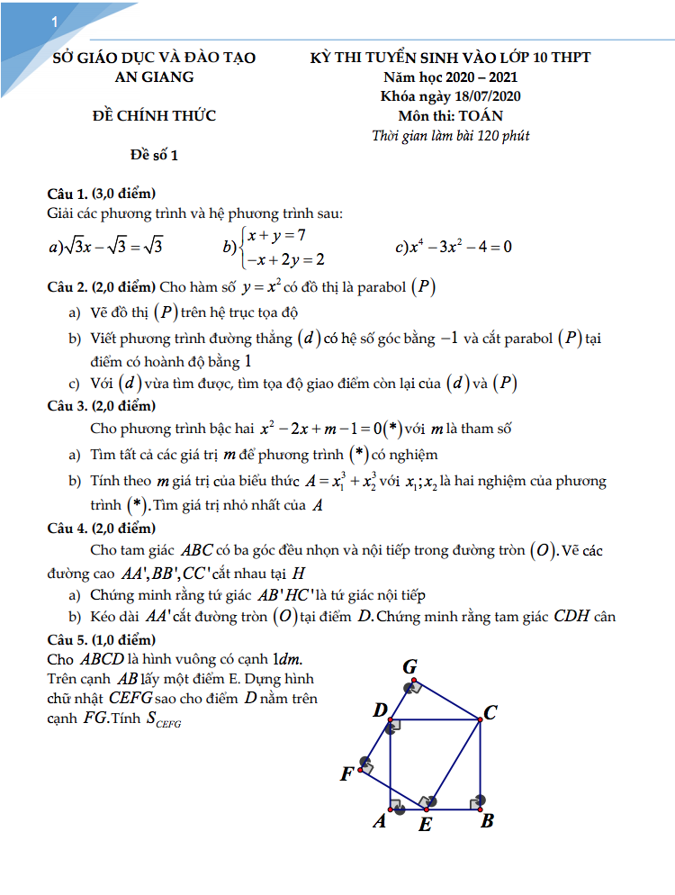 Đề thi tuyển sinh lớp 10 môn Toán An Giang 2020