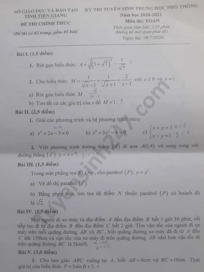 Đề thi tuyển sinh lớp 10 môn toán Tiền Giang 2020