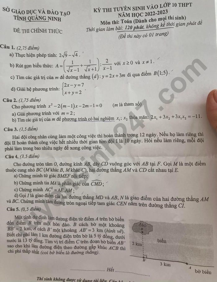 Đề thi thi tuyển sinh lớp 10 môn toán Quảng Ninh 2022
