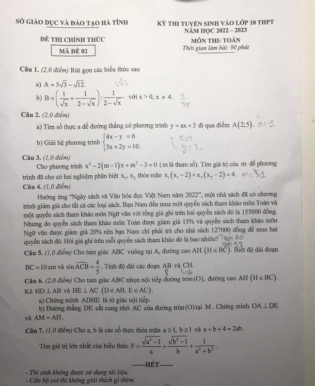 Đề thi tuyển sinh lớp 10 môn Toán Hà Tĩnh năm 2022