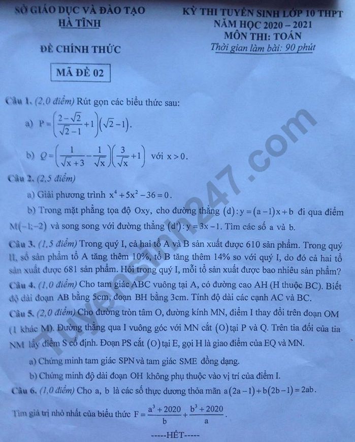 Đề thi tuyển sinh vào 10 môn Toán tại Hà Tĩnh 2020