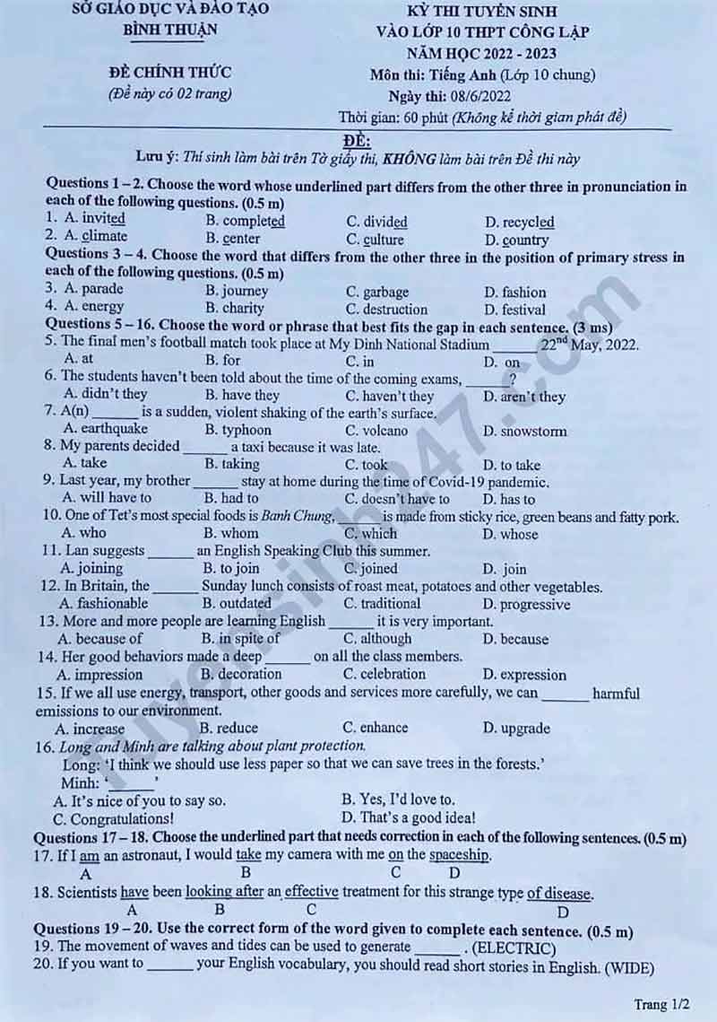 Đề thi tuyển sinh lớp 10 môn Anh Bình Thuận năm 2022 (trang 1)