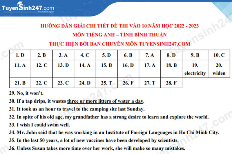 Chi tiết đáp án đề thi tuyển sinh lớp 10 môn Anh Bình Thuận 