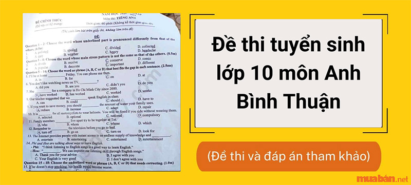 Tổng hợp đề thi tuyển sinh lớp 10 môn tiếng Anh tỉnh Bình Thuận - Có đáp án