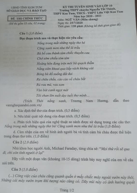Chi tiết đề thi vào lớp 10 môn Văn của tỉnh Kon Tum năm 2020