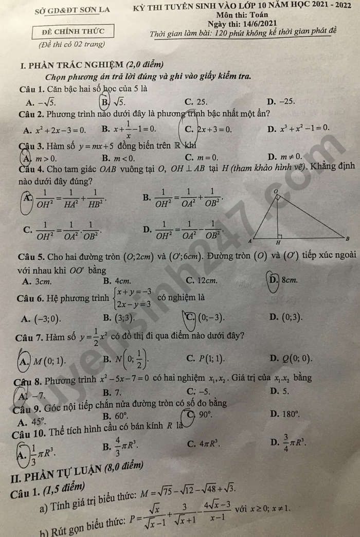 Đề thi tuyển sinh lớp 10 môn toán Sơn La 2021