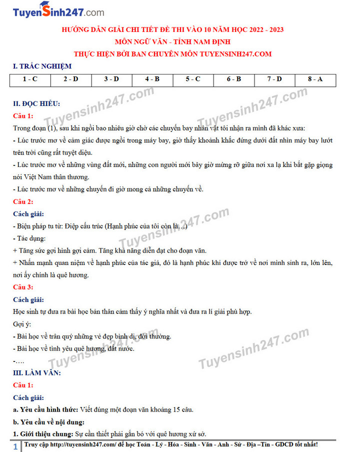 Đáp án đề thi tuyển sinh lớp 10 môn văn Nam Định 2022