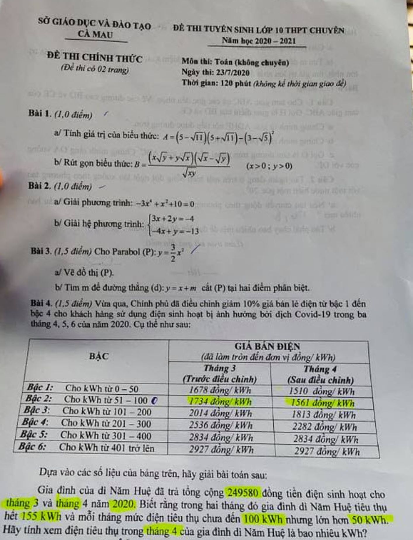 Đề thi Tuyển sinh vào lớp 10 môn Toán Cà Mau năm 2020