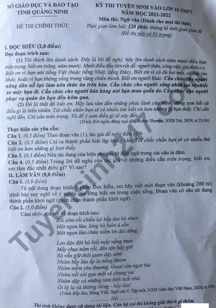 Đề thi tuyển sinh lớp 10 môn văn Quảng Ninh 2021