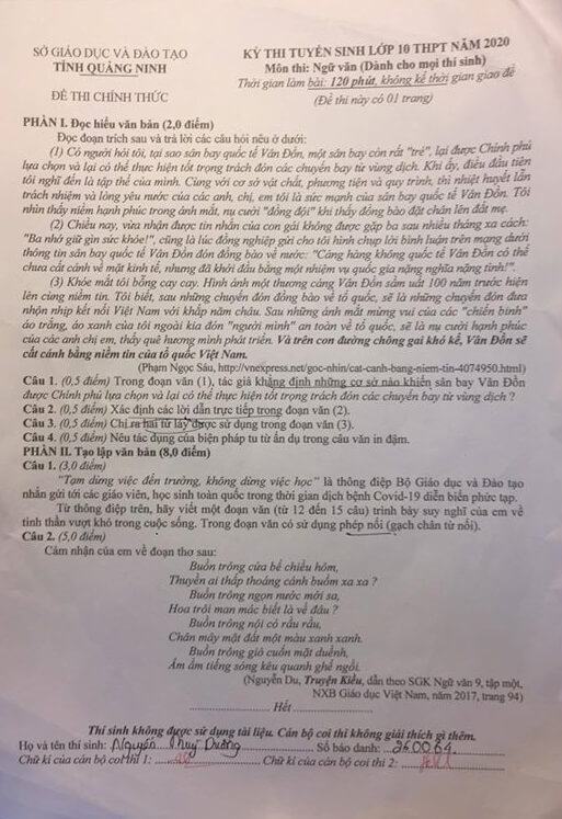 Đề thi tuyển sinh lớp 10 môn văn Quảng Ninh 2020