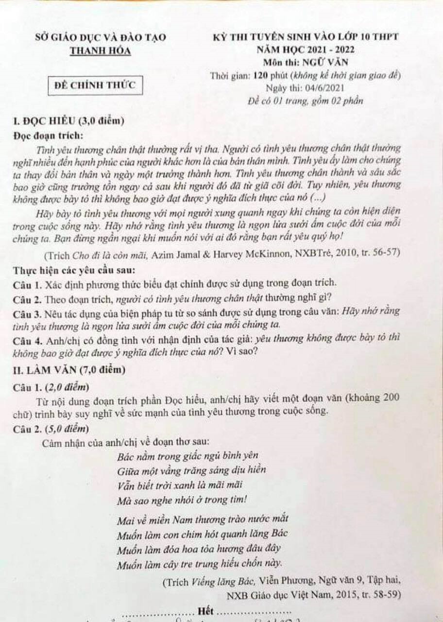 Đề thi tuyển sinh lớp 10 môn văn Thanh Hóa 2021-2022