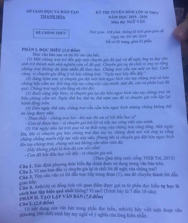 Đề thi tuyển sinh lớp 10 môn văn Thanh Hóa 2019-2020 (phần 1)