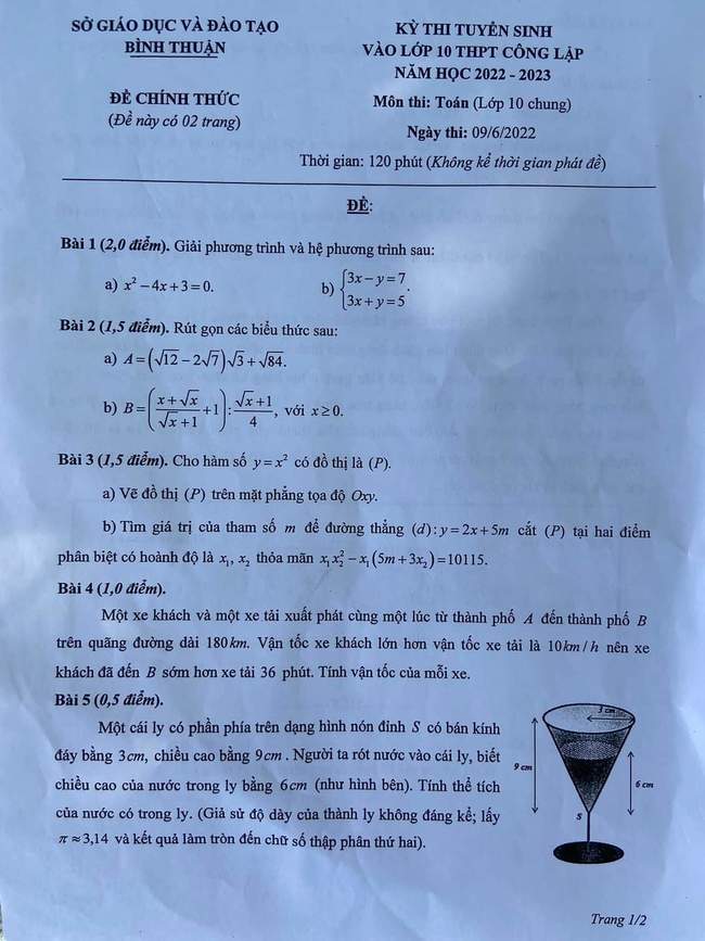 Đề thi tuyển sinh lớp 10 môn Toán Bình Thuận 2022