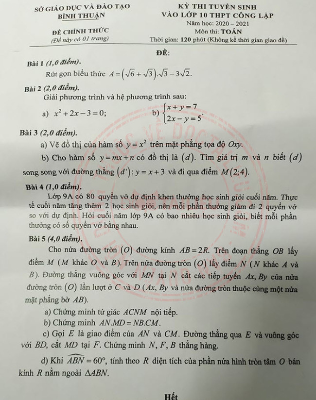 Đề thi tuyển sinh vào lớp 10 môn Toán năm 2020