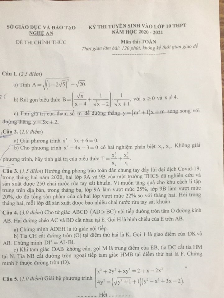Đề thi tuyển sinh môn Toán lớp 10 tỉnh Nghệ An năm 2020