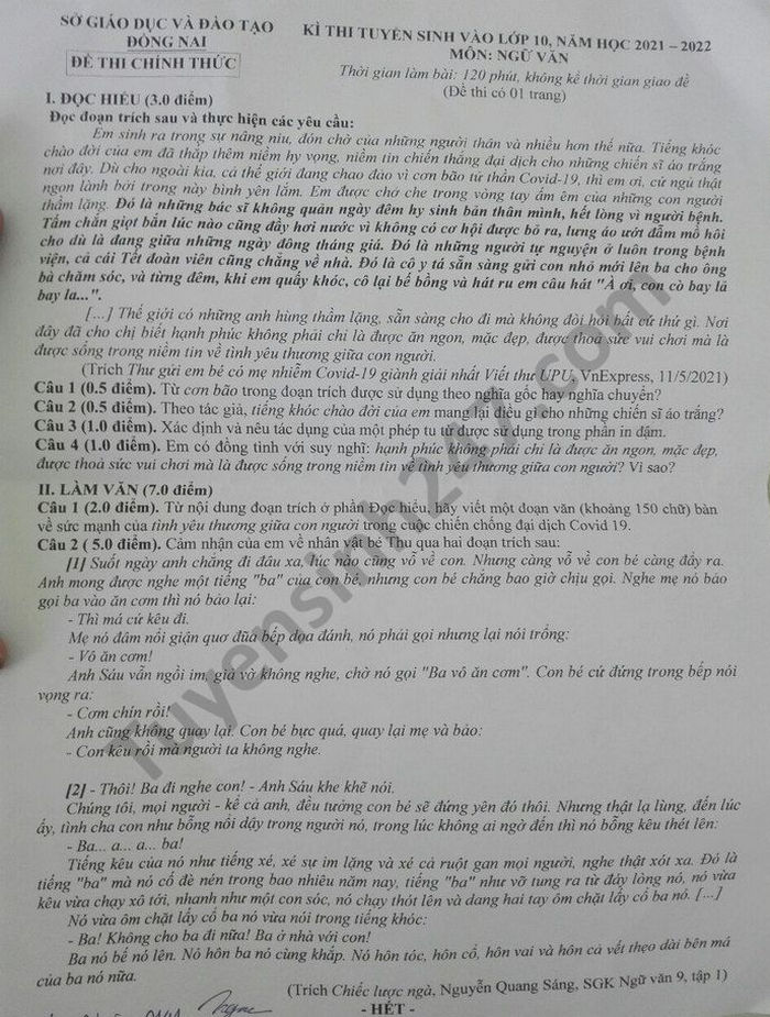 Đề thi tuyển sinh lớp 10 môn văn Đồng Nai 2021