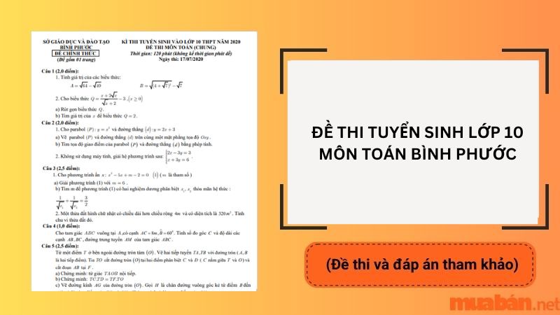 Đề thi tuyển sinh lớp 10 môn toán Bình Phước 