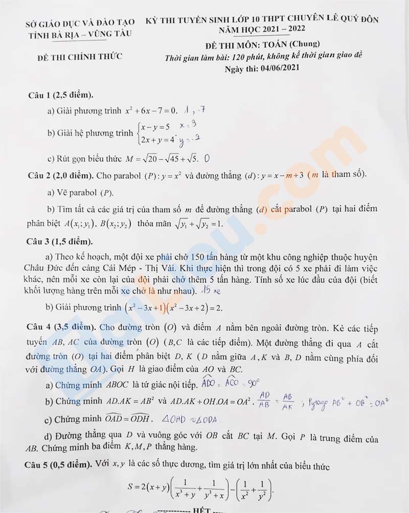 Đề thi tuyển sinh vào lớp 10 môn Toán Vũng Tàu năm 2021