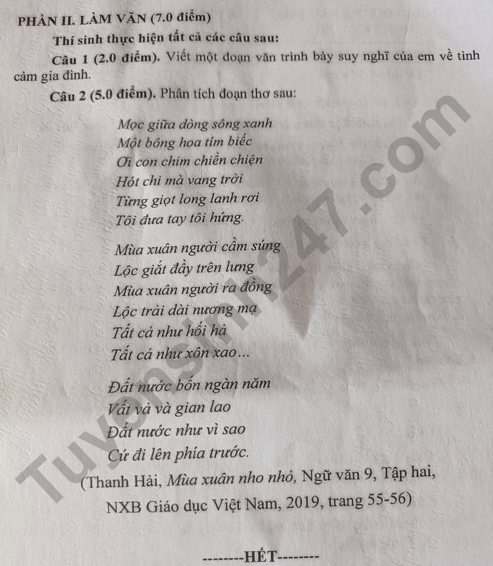 Đề thi môn Văn vào lớp 10 tỉnh Trà Vinh 2022 (2)