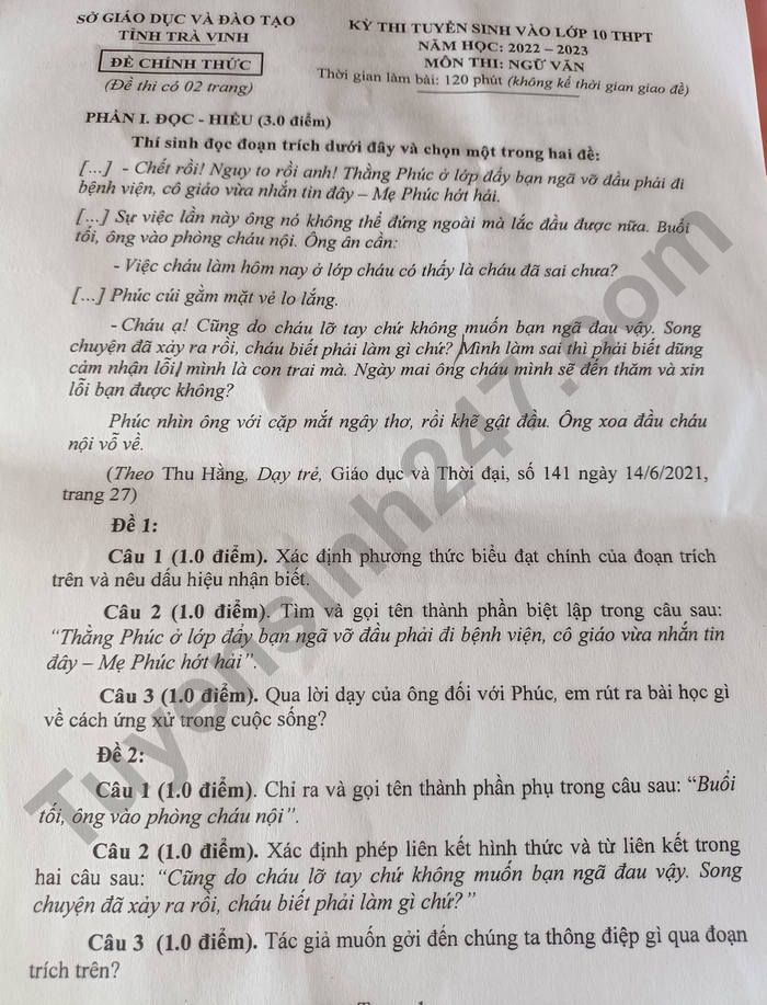 Đề thi môn Văn vào lớp 10 tỉnh Trà Vinh 2022 (1)