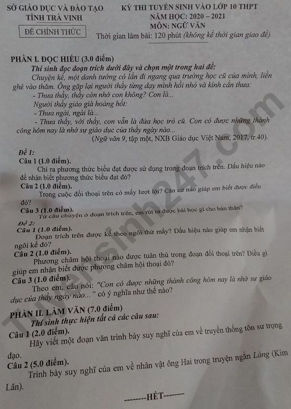 Đề thi vào lớp 10 môn Văn tỉnh Trà Vinh 2020

