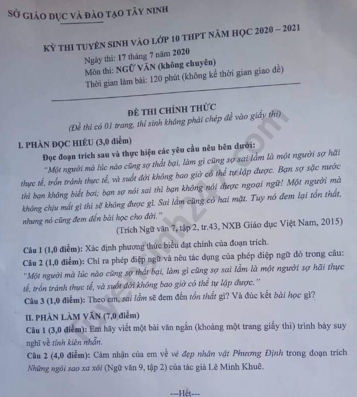 Đề thi vào lớp 10 môn Văn tỉnh Tây Ninh năm 2020 

