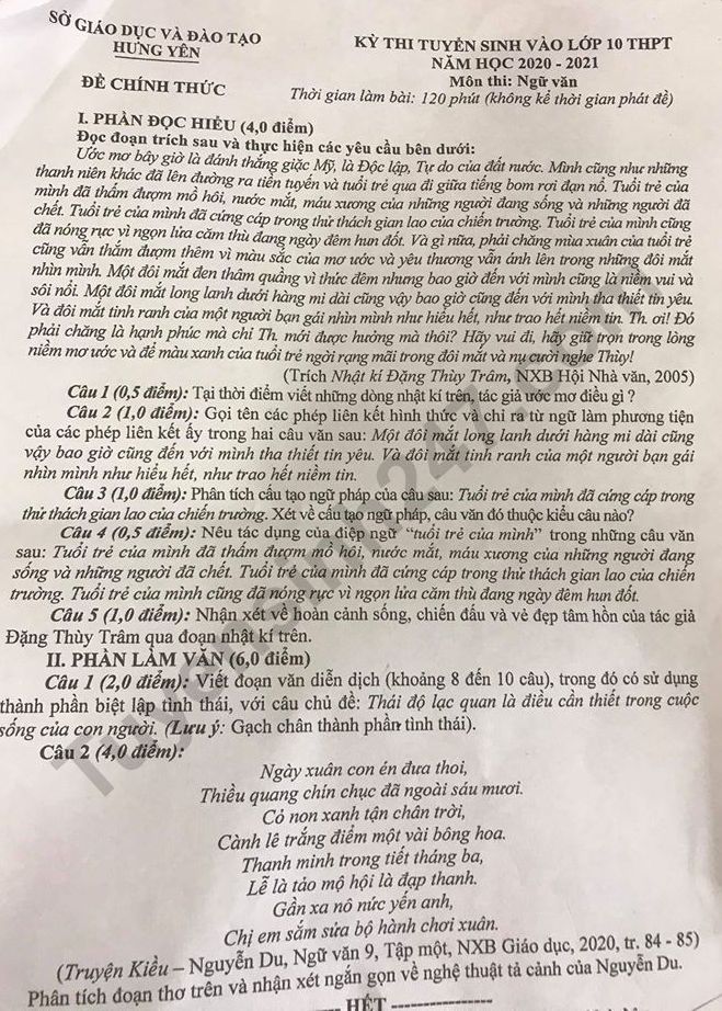 Đề thi vào lớp 10 môn Văn tỉnh Hưng Yên 2020