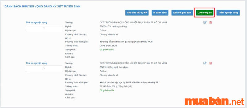 Hướng dẫn đăng kí nguyện vọng thi đại học - Lưu thông tin đã đăng kí