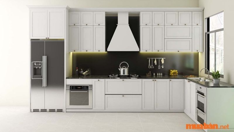 Tủ bếp chữ L là mẫu tủ bếp với kích thước khá lớn, Như vậy, tủ bếp sẽ đáp ứng được nhu cầu sức chứa của đồ dùng bếp gia đình.