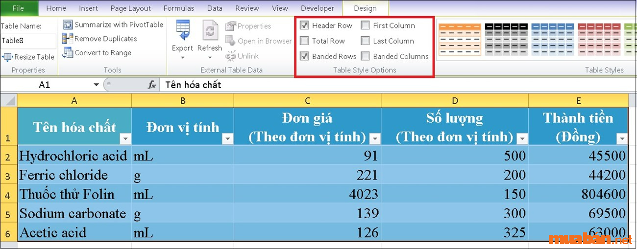 Chỉnh sửa bảng trong Excel