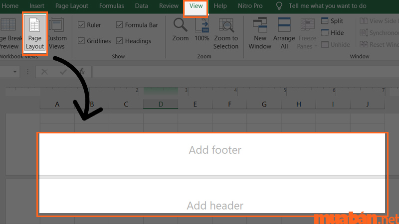 Sau khi chọn View → Page Layout, chọn vào vùng Add Header hoặc Add Footer để mở thẻ Header & Footer trên thanh công cụ
