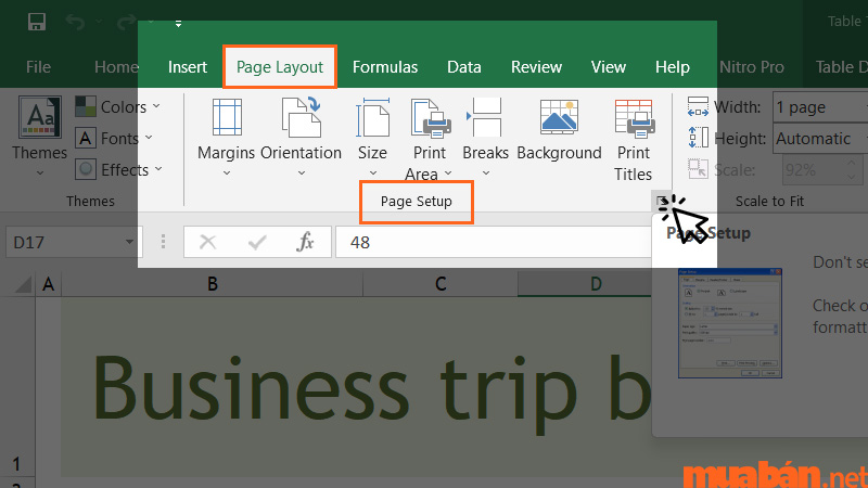 Chọn Page Setup bằng cách bấm vào mũi tên ở góc nhỏ bên phải