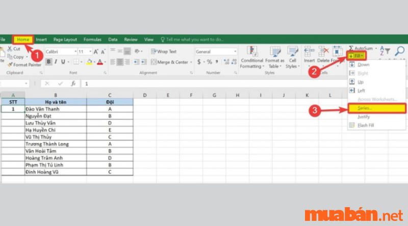 Nhập số thứ tự tại vị trí ô đầu tiên, sau đó chọn Fill và chọn Series