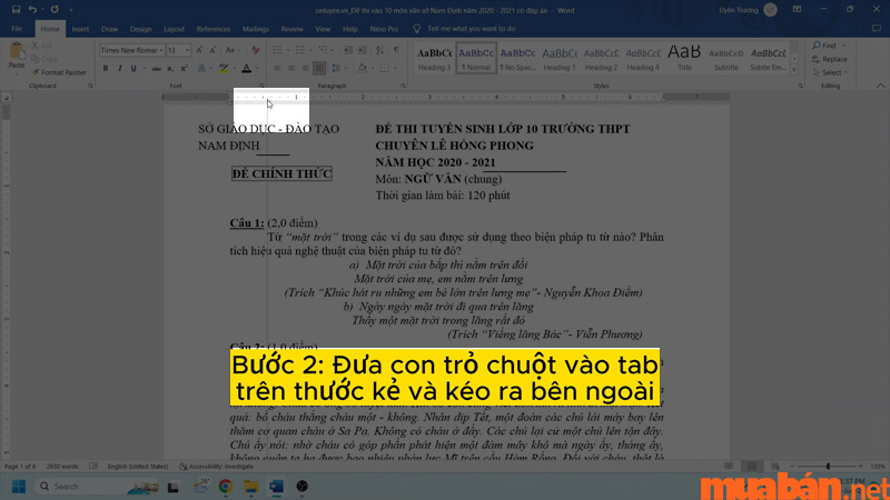 Kéo thả tab ra khỏi thước để xóa tab