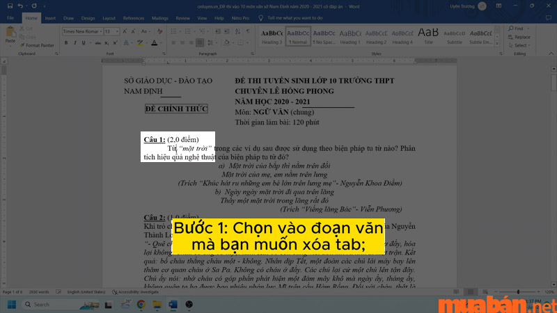 Đặt con trỏ chuột vào đoạn văn bản cần xóa tab