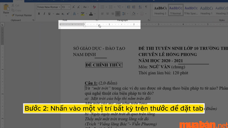 Đặt tab bằng cách nhấn vào một vị trí trên thước