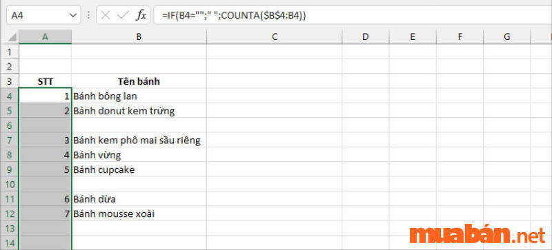 Kết quả khi sử dụng hàm SUBTOTAL lồng hàm IF để đánh số thứ tự trong Excel