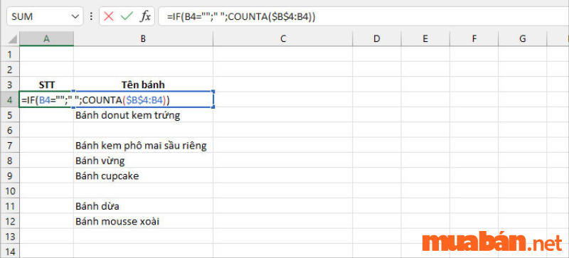 Sử dụng hàm SUBTOTAL lồng hàm IF để đánh số thứ tự trong Excel