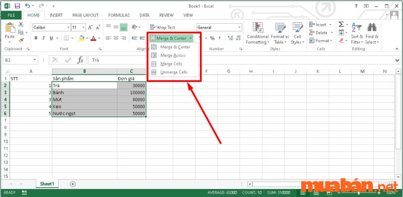 Trong Merge & Center, chọn tùy chọn mong muốn