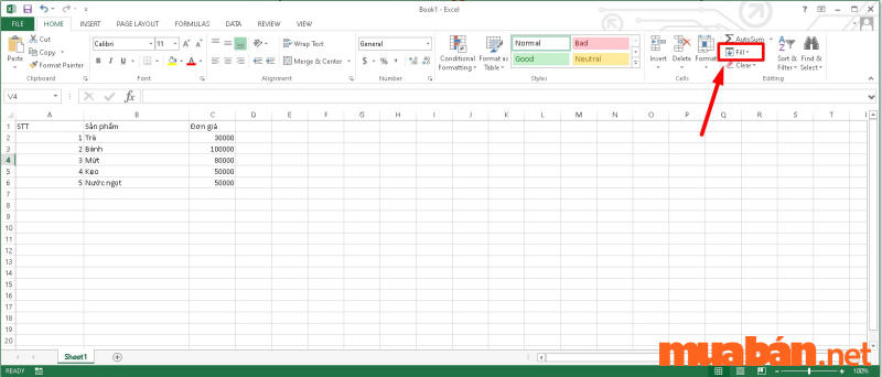 Chọn Home ⇒ Editing ⇒ chọn ấn vào mục Fill.