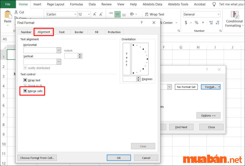 Chọn Alignmen, chọn  Merge cells và nhấn OK