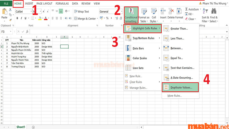 Conditional Formatting lọc dữ liệu