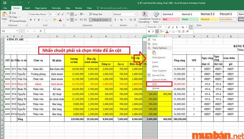 Chuột phải và nhấn Hide để ẩn cột