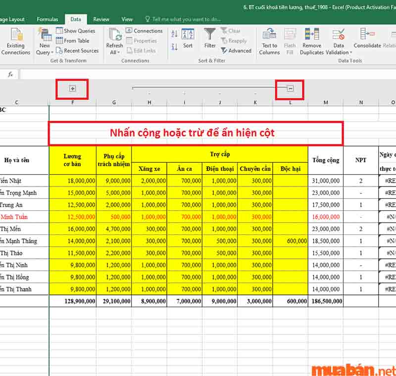 Cách ẩn cột trong Excel của trường hợp này là thao tác trên các dấu cộng và trừ