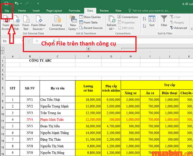 Chọn mục File trên thanh công cụ