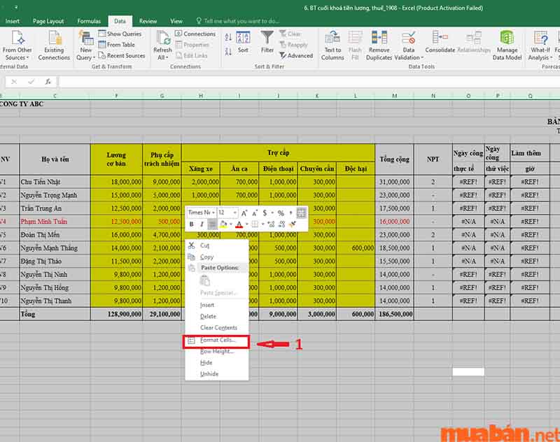 Nhấn chuột phải và chọn Format Cells.