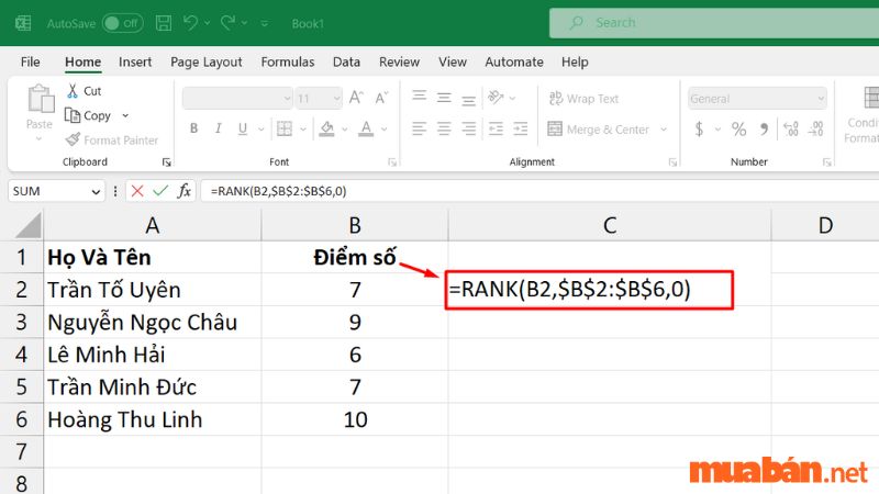 nhập công thức: =RANK(B2,$B$2:$B$5,0).