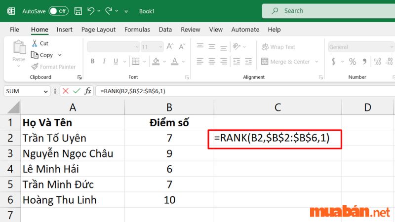 Nhập công thức trong ô xếp hạng đầu tiên là =RANK(B2,$B$2:$B$6,1).