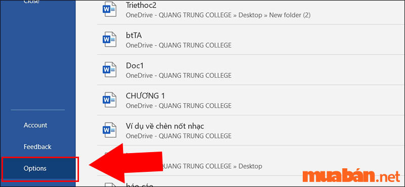 Chọn Options